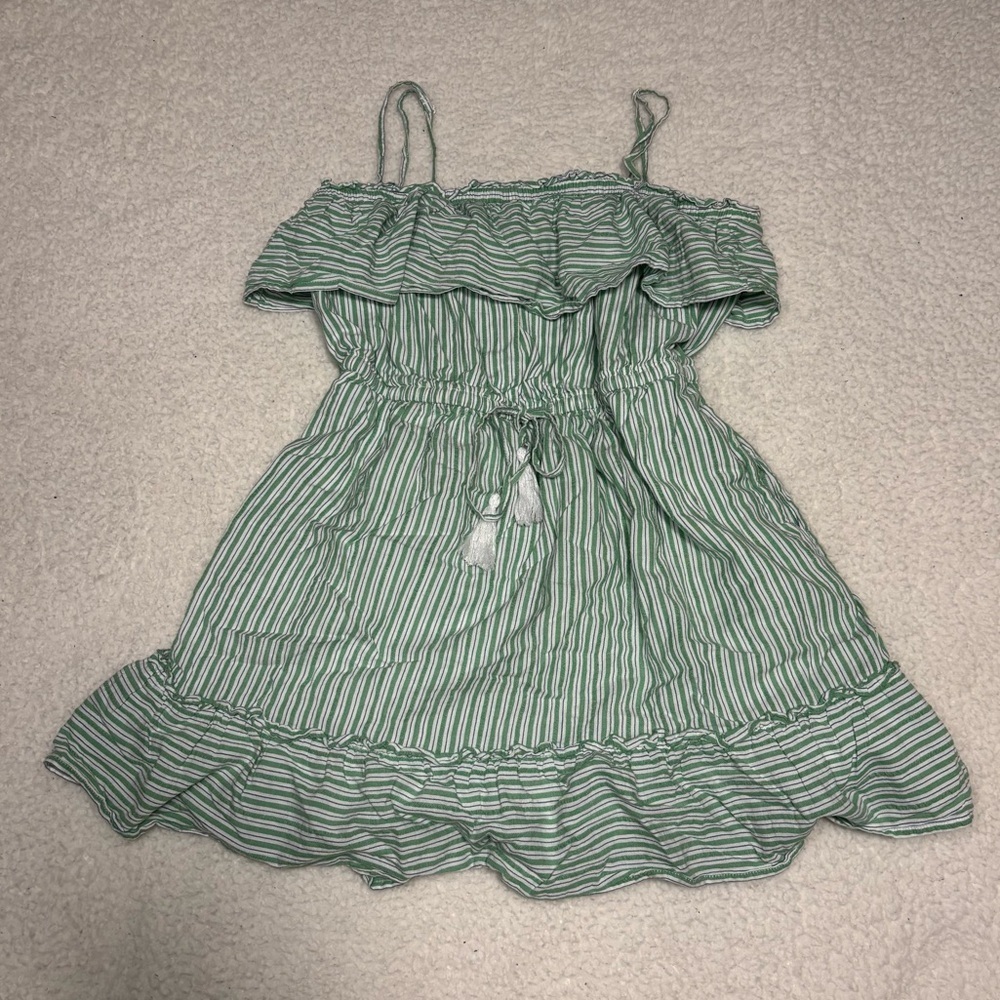 American Eagle Women Green Stripes Strapless Ruffle Mini Dress